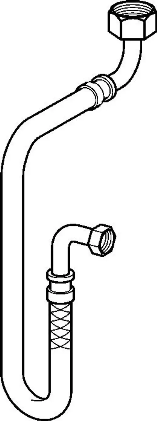 Schlauch von HANSA mit gebogenem Ende und zwei unterschiedlichen Gewindeanschlüssen. Eignet sich für die Installation und Verbindung in Sanitäranlagen.